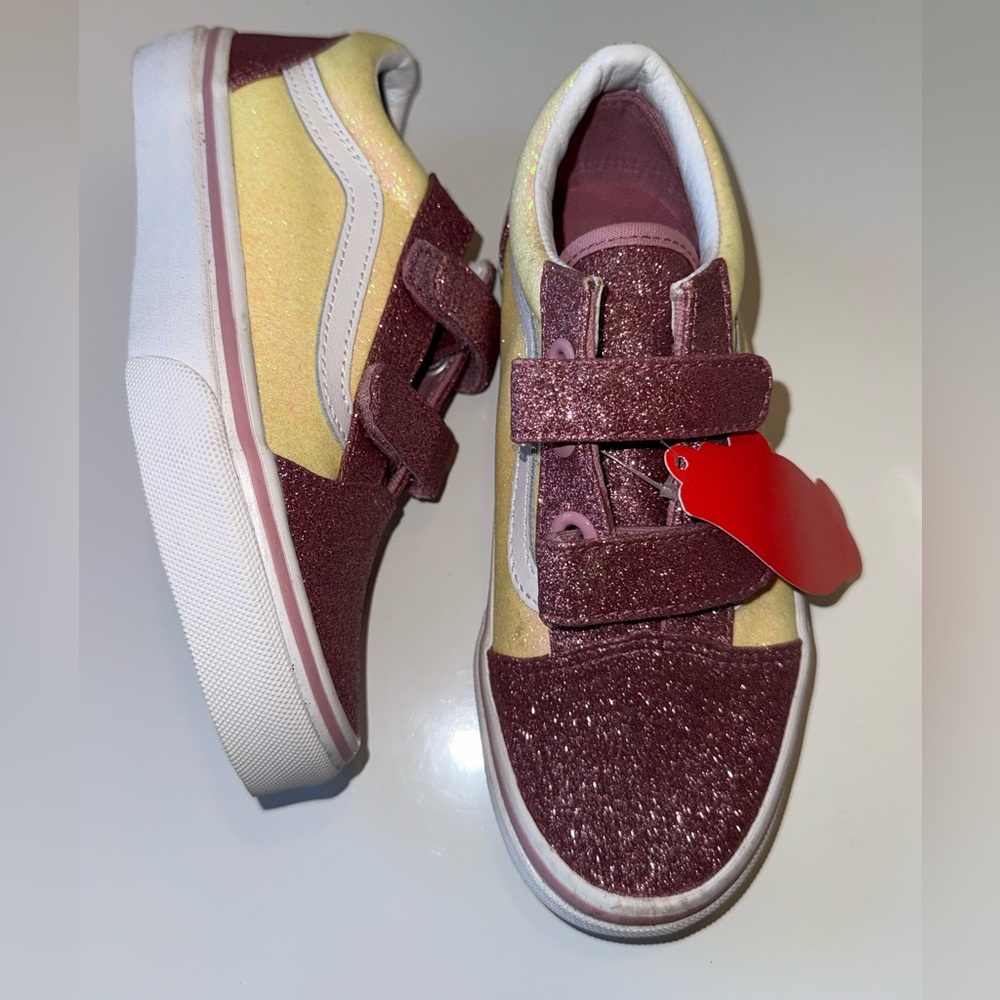 NWT VANS YELLOW & PINK GLITTERY VELCRO OLD SKOOL SNEAKERS SZ 1.5